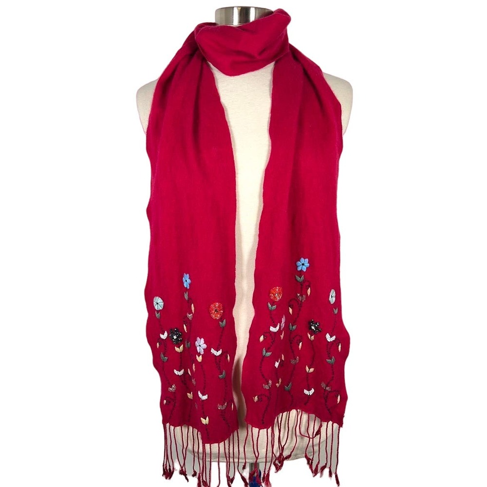 Mandala Women's Floral Embroidered Beaded Scarf One Size Red Tasseled Boho